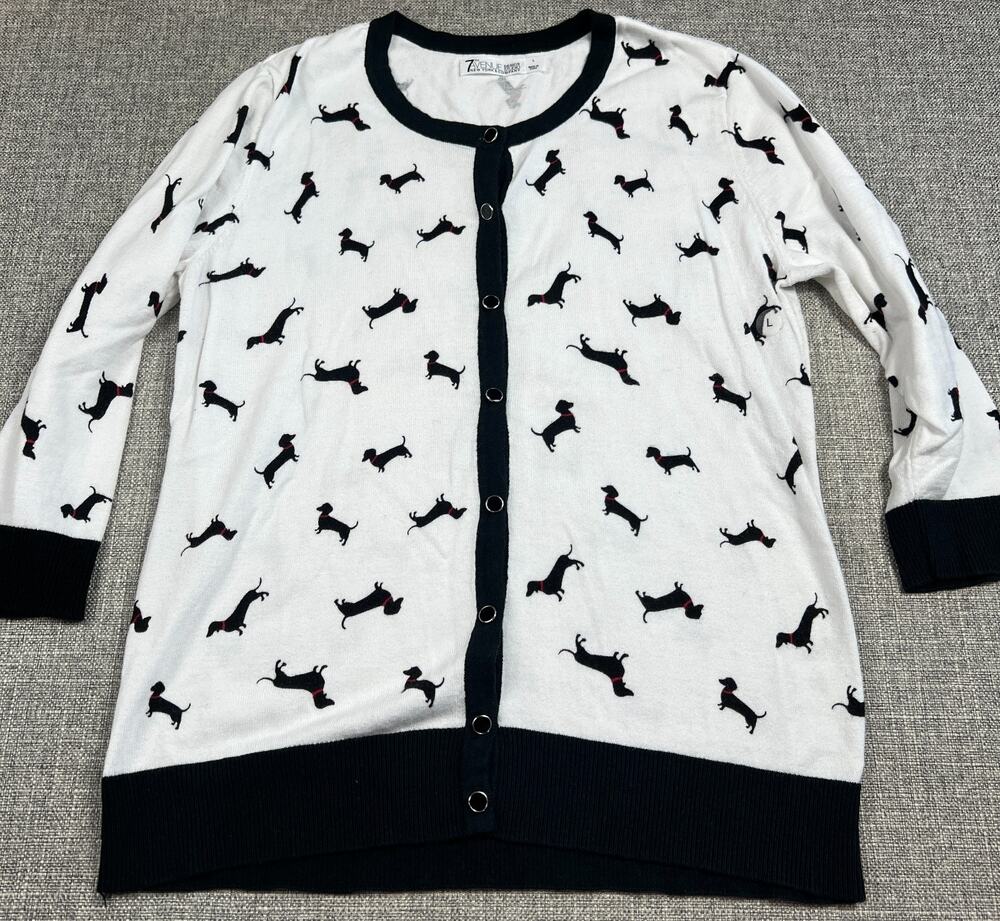 New York & Company Cardigan Women L Dachshund Dog Print Snap Front Sweater
